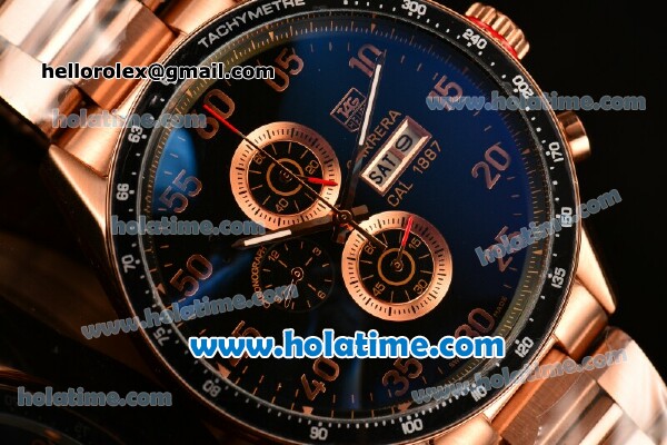 Tag Heuer Carrera Calibre 1887 Chrono Miyota OS10 Quartz Full Rose Gold with Black Dial and Arabic Numeral Markers - Click Image to Close